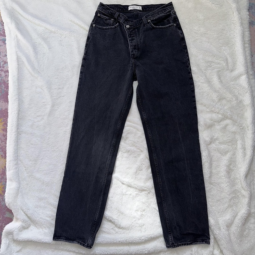 Abercrombie & Fitch Black Denim Straight Button Fly High Rise Crossover Dad Jean - Picture 1 of 11